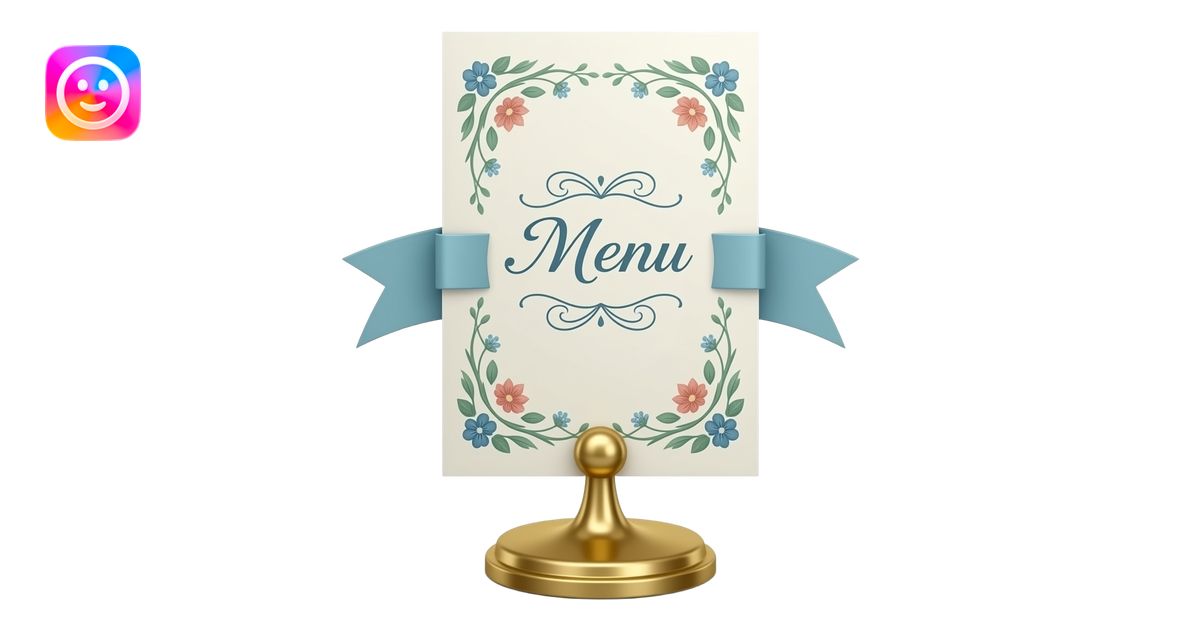 3D emoji of a wedding menu card on a small gold stand, with elegant ...