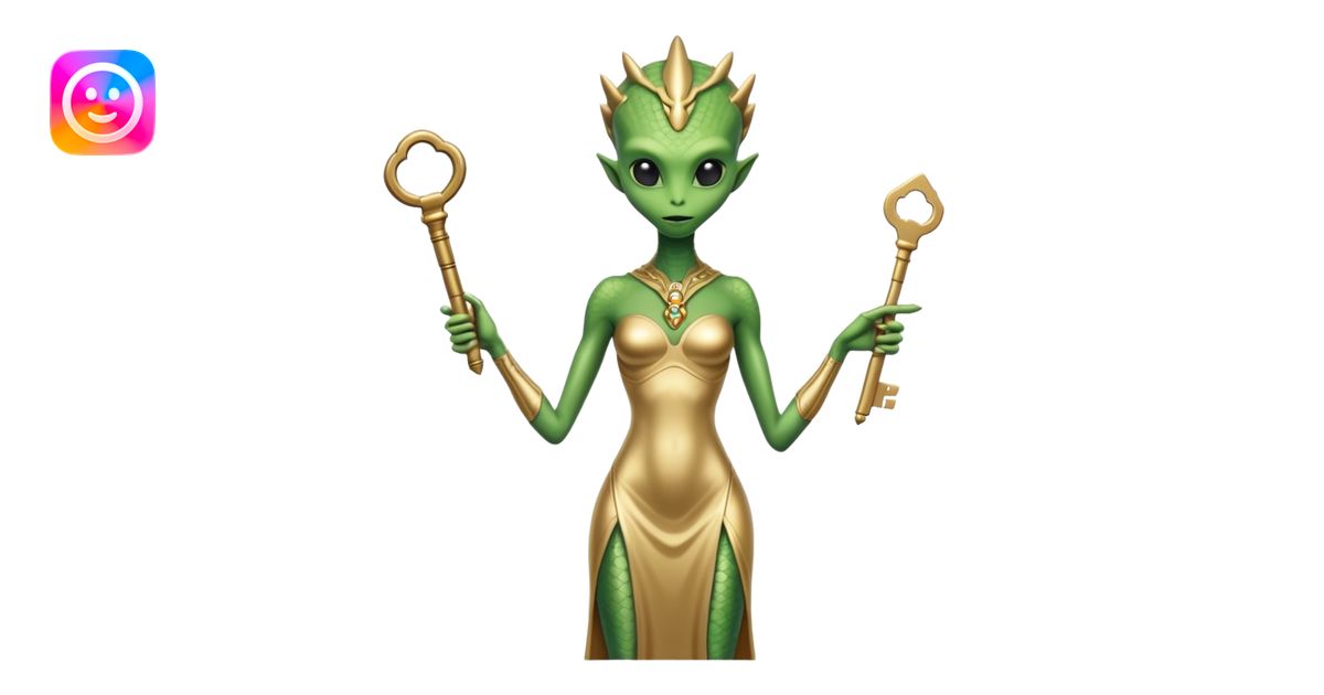 a reptilian alien woman full body, in gold dress, hold big key emoji ...