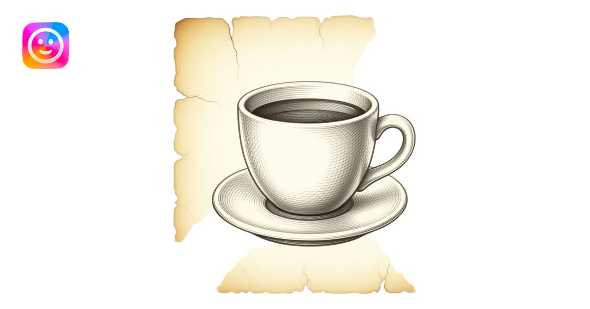 Vintage coffee cup sketch, aged paper, yellowed edges, graphite with ...