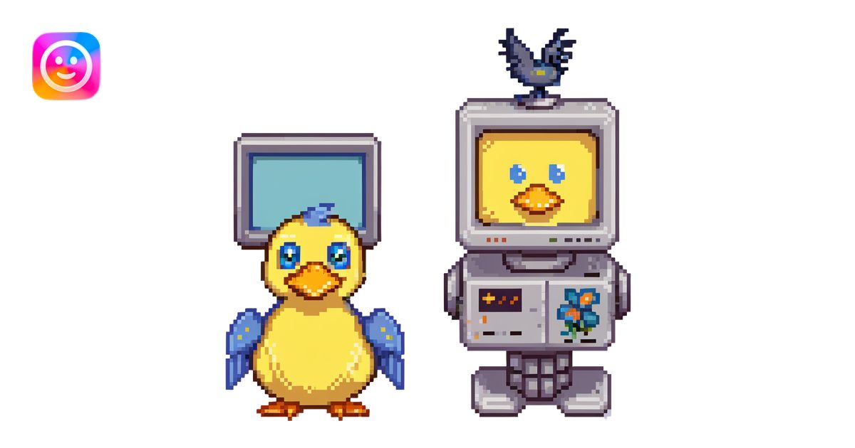 pixel art style, 16-bit retro game look, smiling CRT monitor robot with ...