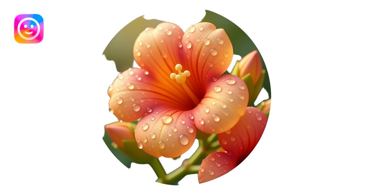 Realistic close-up of Campsis flowers with dew drops on petals, warm ...