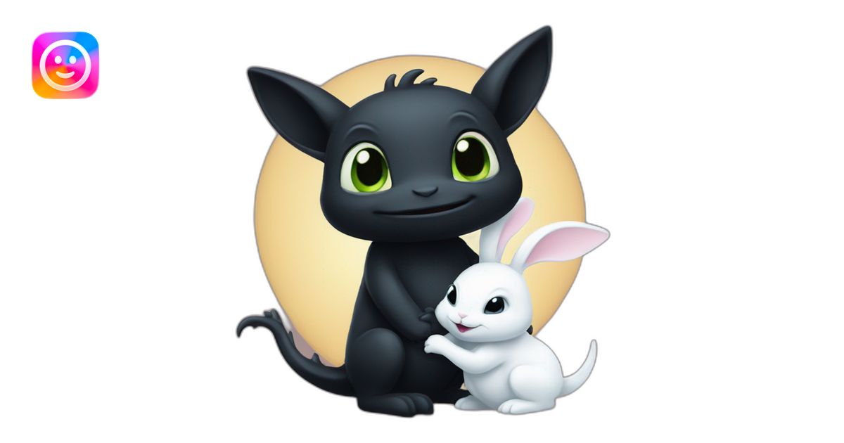 Toothless the dragon hugging a white bunny emoji | AI Emoji Generator