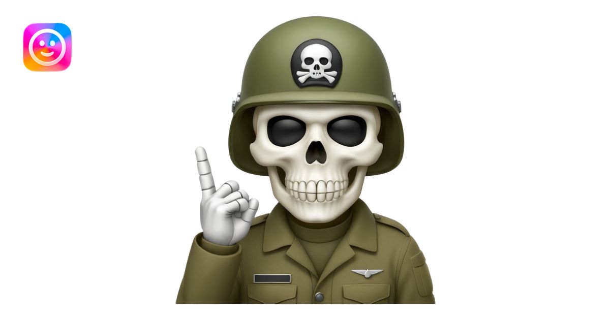 A bold emoji-style bodyless white skull wearing a realistic modern army ...