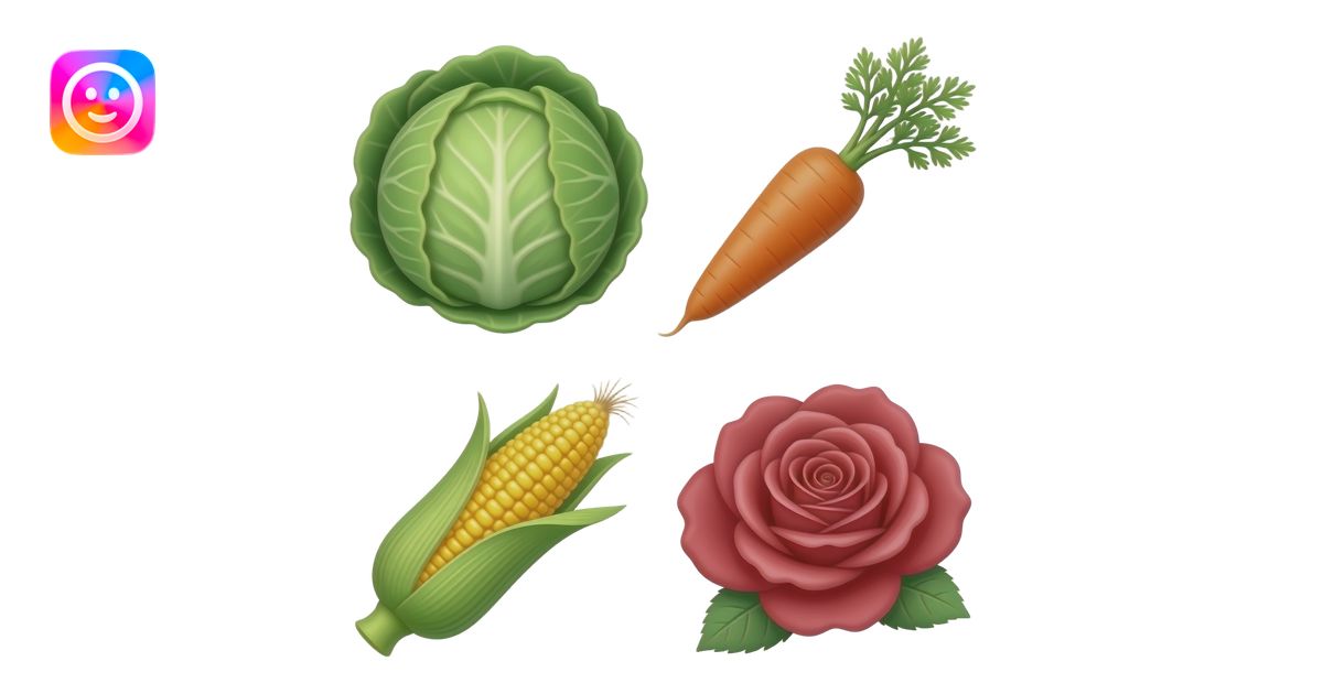 2x2 row of cabbage rosette, carrot with sprig, stalk of corn, and a ...