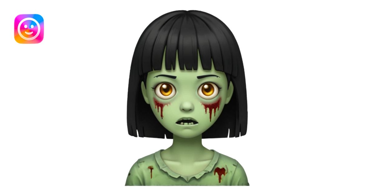 Emoji zombie girl verde com cabelo preto liso curto com franja emoji ...