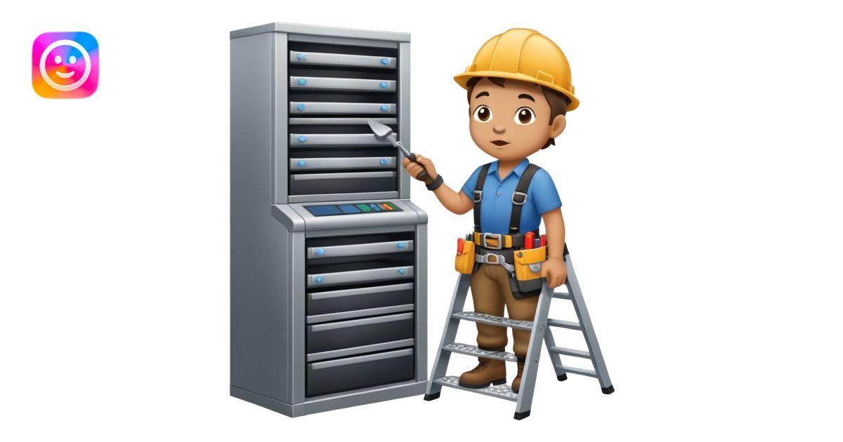 Midget standing on a step ladder blowing into a server in a server rack ...