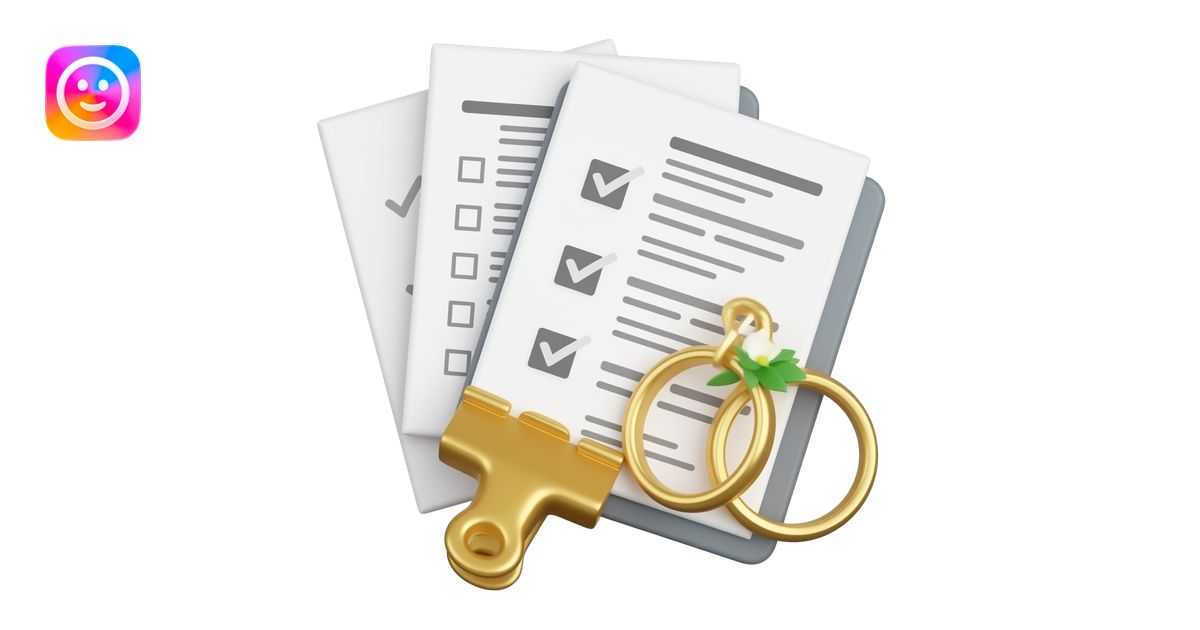 3D emoji of stacked wedding documents with checklists, a seating chart ...