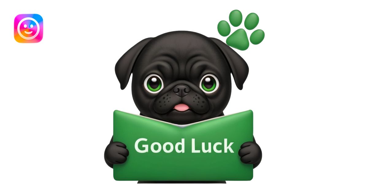 black pug with a green sign reading good luck emoji | AI Emoji Generator