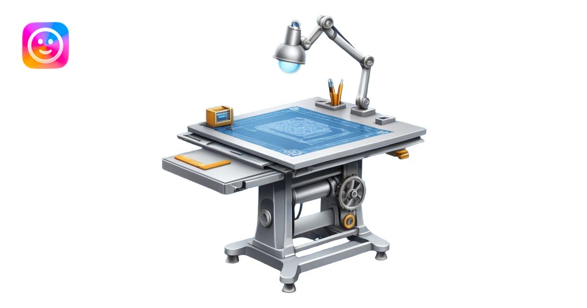 An icon featuring an engineering drafting table with a blueprint, a ...