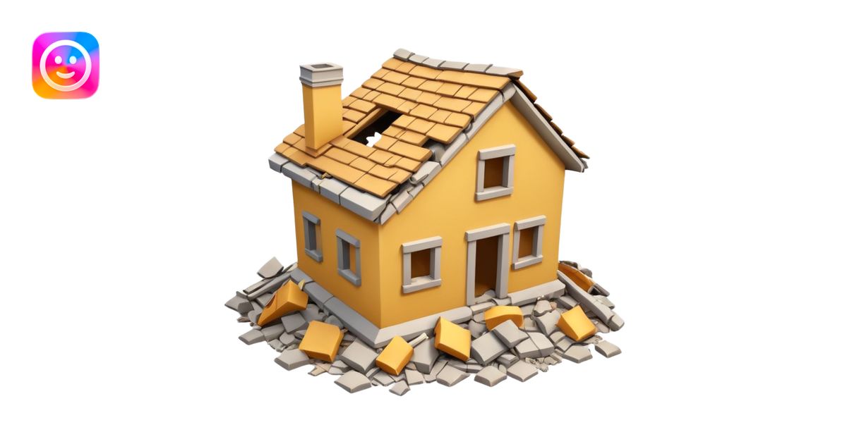 3D iPhone style emoji of a completely destroyed house, heavily damaged ...