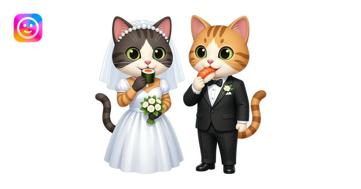 two female cats dressed in wedding suits eating sushi emoji | AI Emoji ...