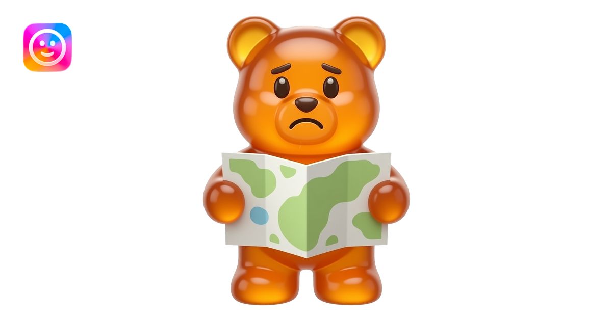 3D emoji, classic flat gummy bear candy shape, mold-made, short arms ...