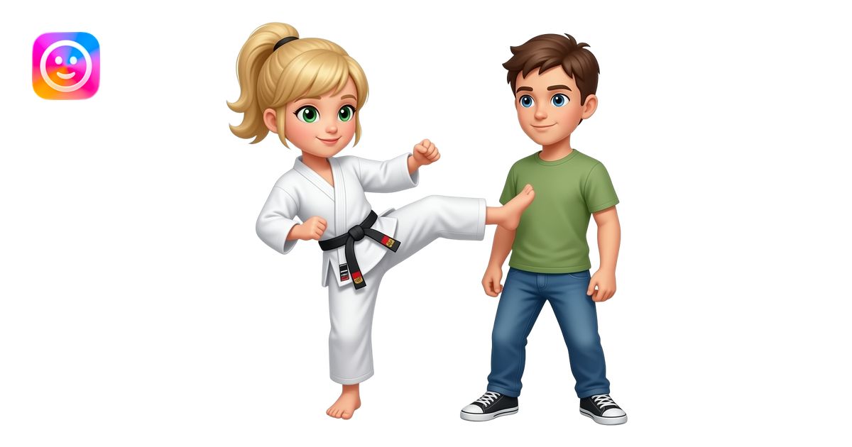 Blonde green eyed judo girl kicking a normal boy emoji | AI Emoji Generator