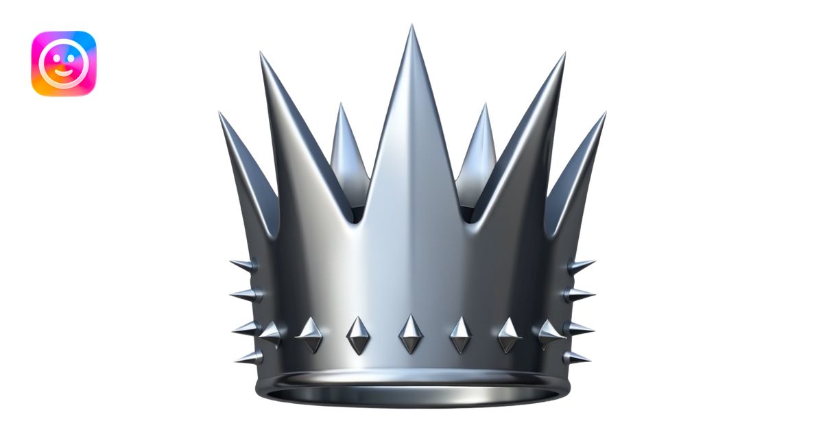A spiked crown emoji made of silver chrome, sharp yet rounded metallic ...