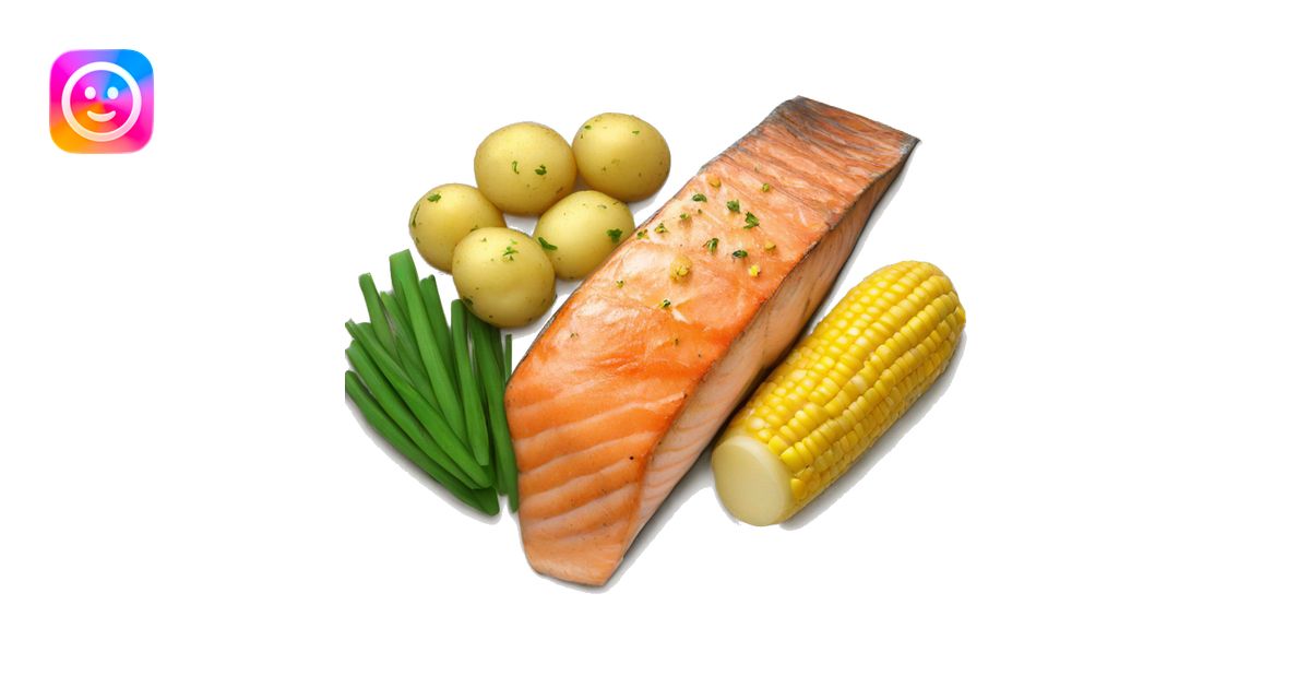baked Salmon with little potatoes and corn on the cob emoji | AI Emoji ...