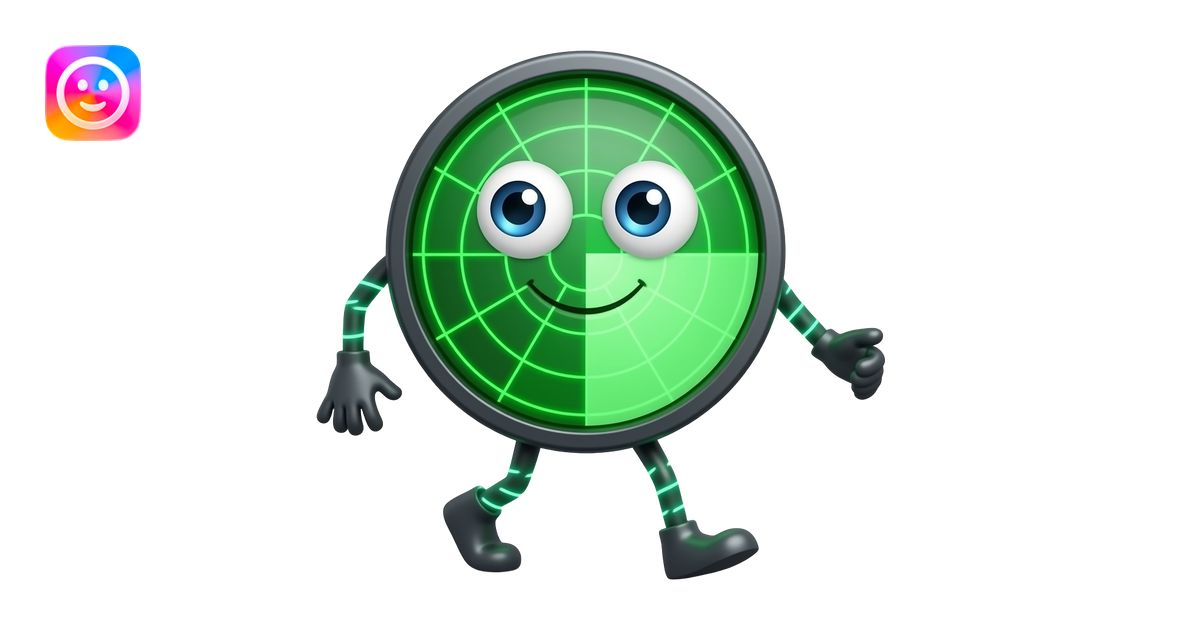 A full-body mascot shaped like a walking green radar screen, glowing ...