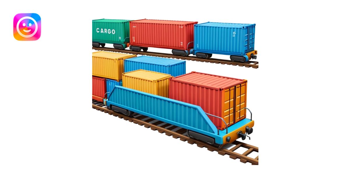 A 3D cartoon cargo train with colorful containers on flatbed cars ...