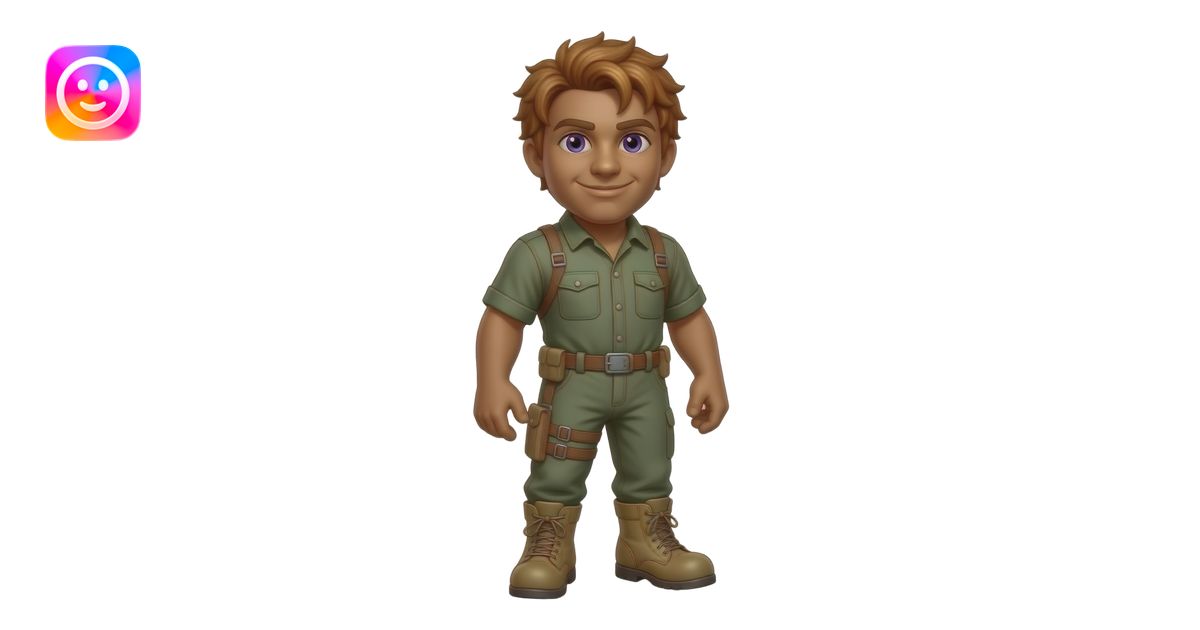A full-body mascot with bronze skin, copper wire hair, violet eyes, and ...