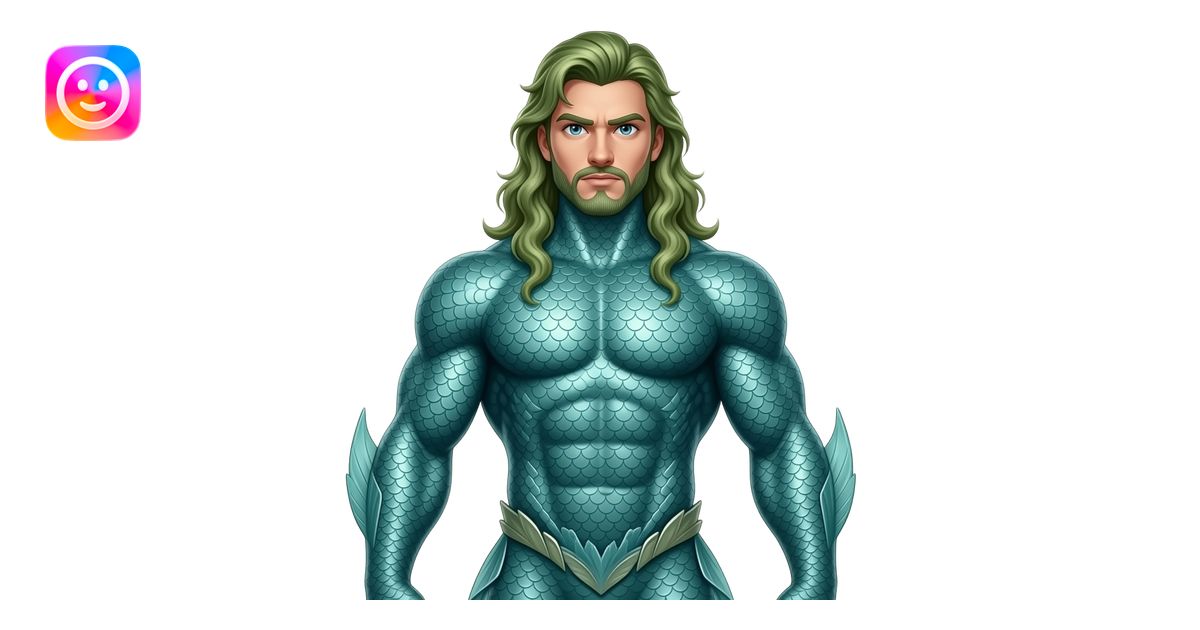 Superhero sea king all fish skin green golden brown hair very tall with ...