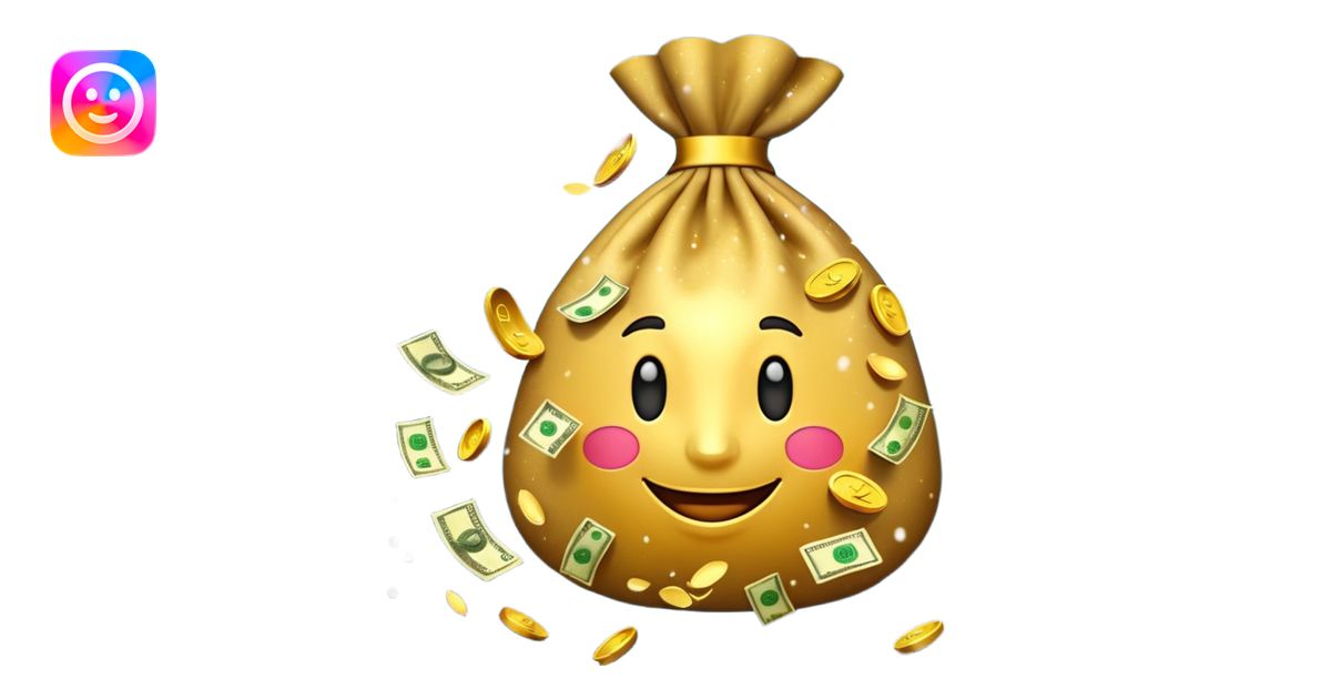 3D emoji style, money bag with dollar bills, New Year theme, snow ...