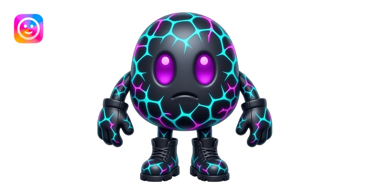 Full body dark blob mascot with a squishy uneven body, glowing violet ...