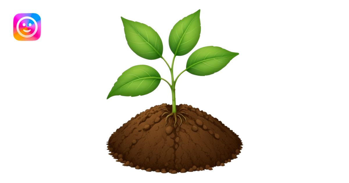 a green two leaves and a thin stem, growing from a round brown soil ...