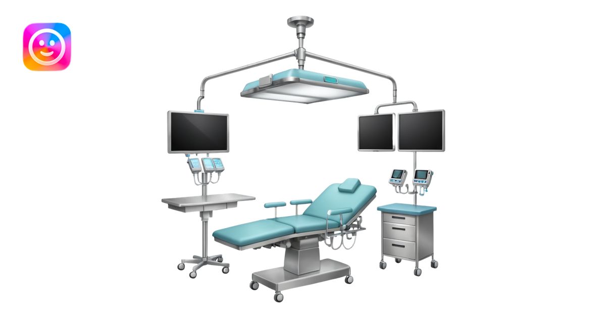 A surgical room setup with overhead lights and sterile instrument table ...