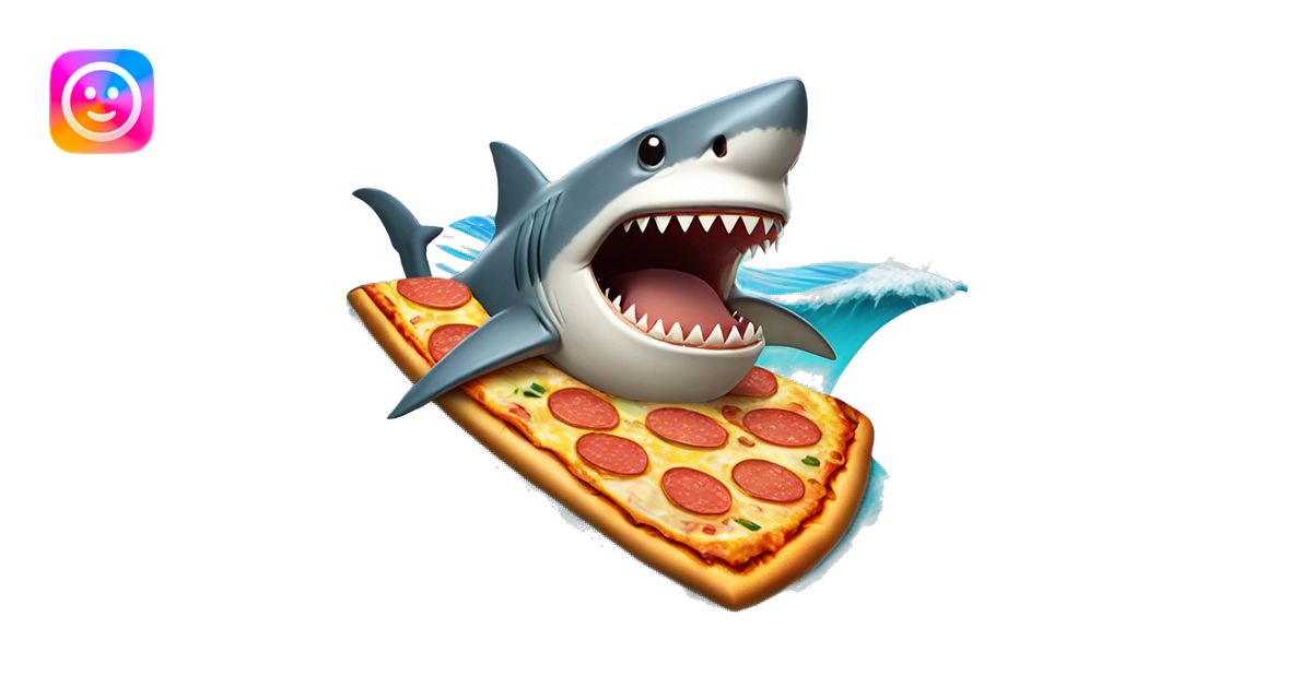 shark riding surf board eating a pizza on a wave emoji | AI Emoji Generator