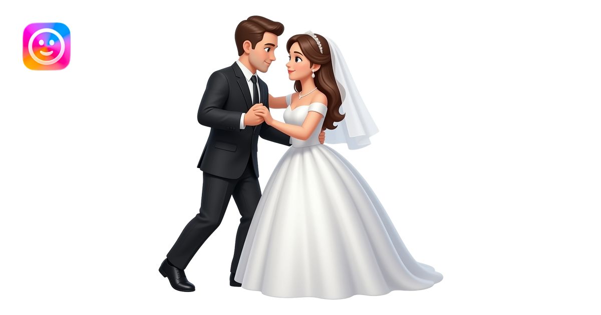 3D emoji of newlyweds bodies entire dancing closely together, the bride ...