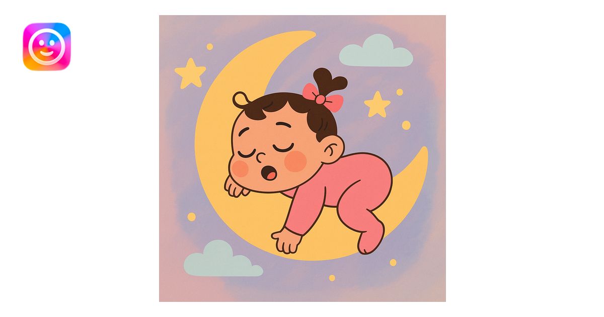 a baby girl sleeping on a crescent moon, dreamy background, soft colors ...