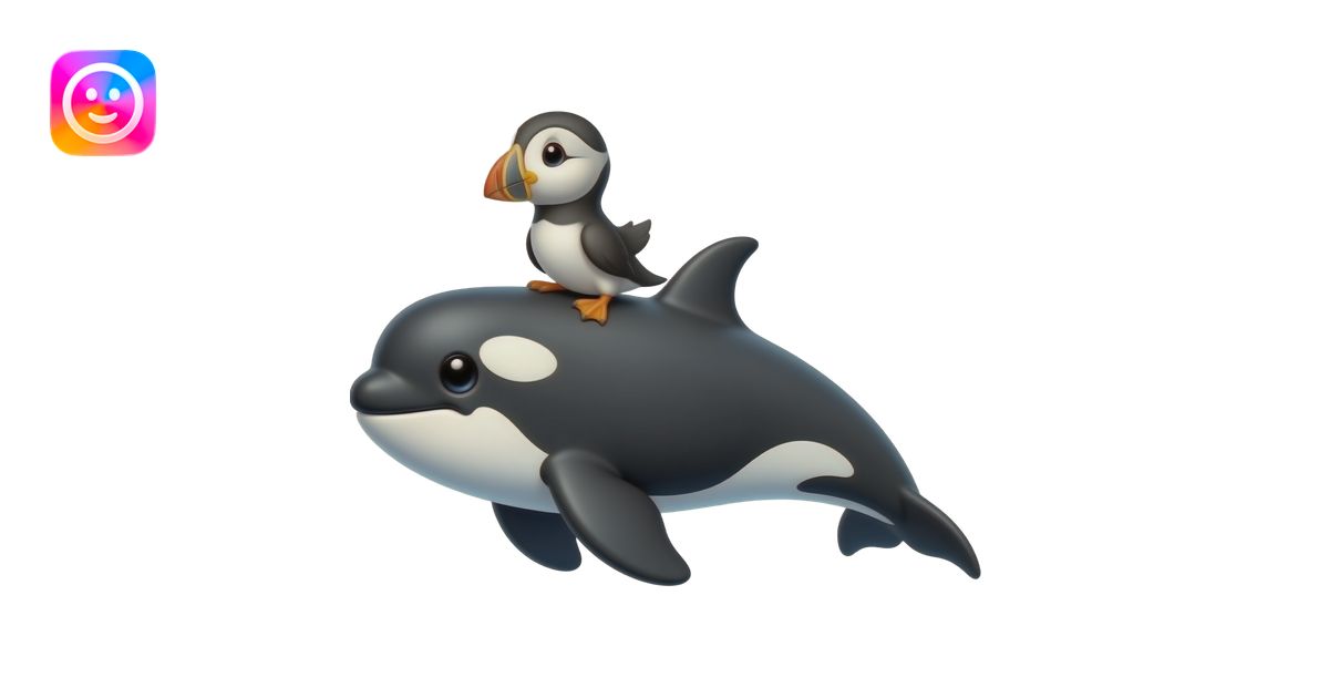 Very small Puffin riding an orca emoji | AI Emoji Generator
