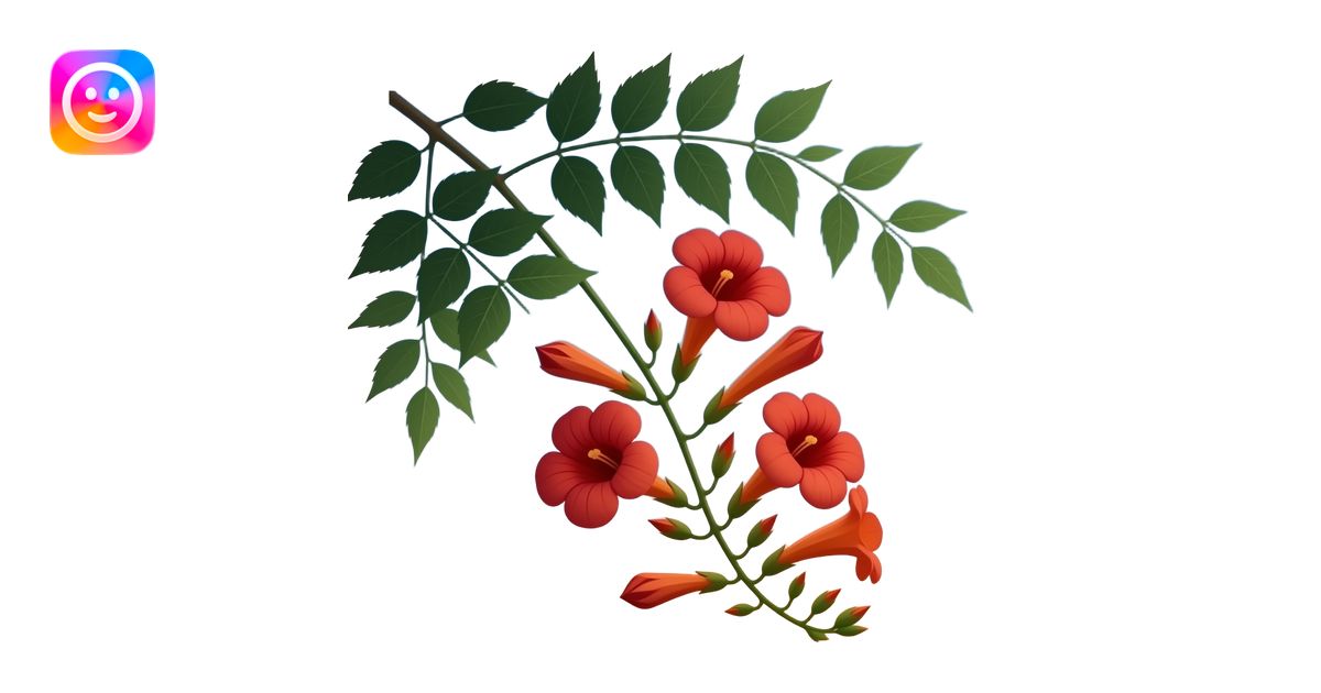 Realistic image: Campsis at dusk, tubular red‑orange flowers, pinnate ...