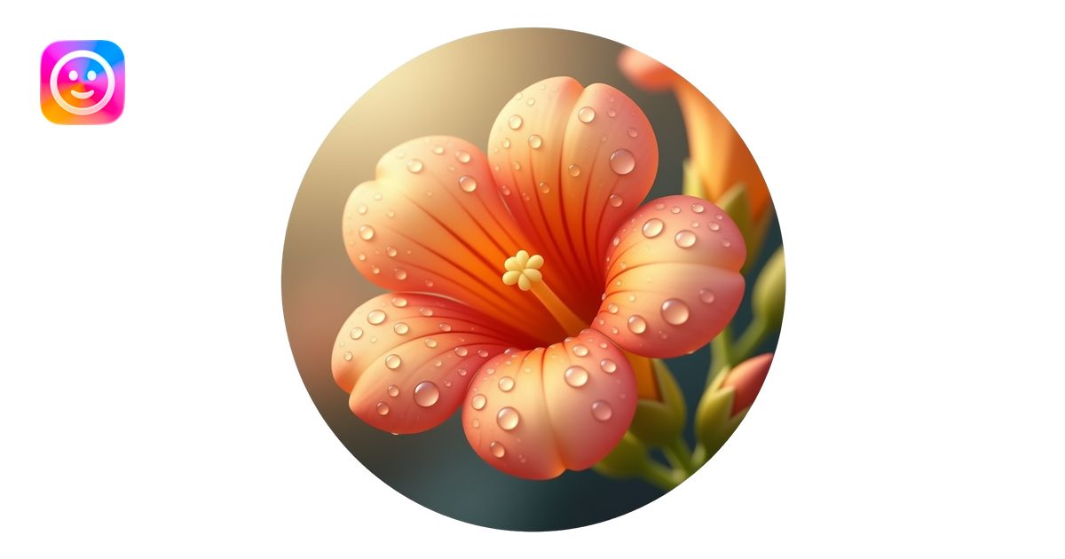 Realistic close-up of Campsis flowers with dew drops on petals, warm ...