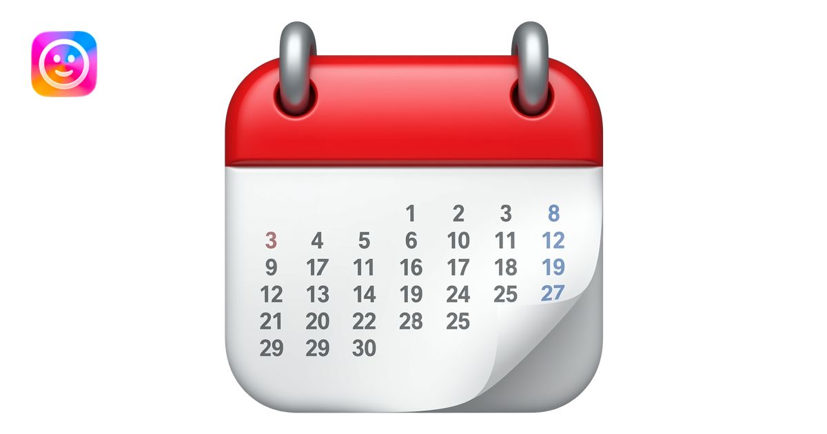 Apple iOS emoji style calendar showing a seven-day week, bright red ...
