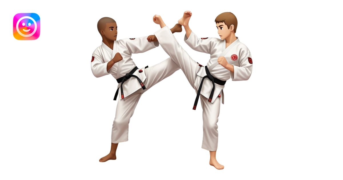 Two karate fighters in traditional gi sparring. One executes a high ...