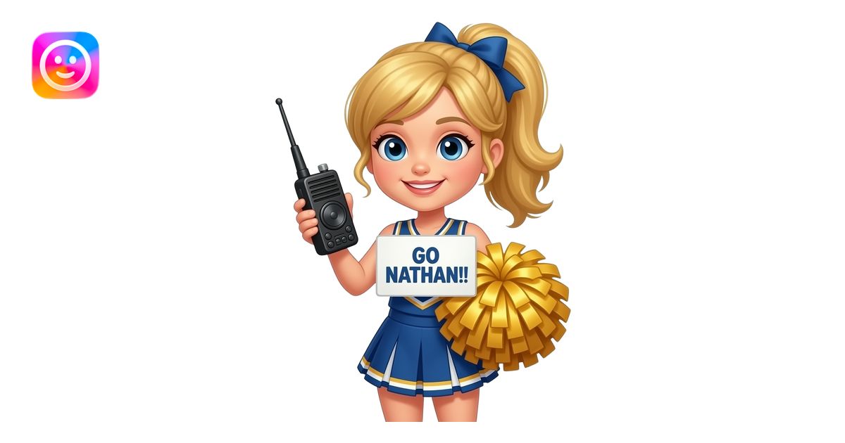 Cute Cheerleader ham radio with blonde hair. Sign saying 