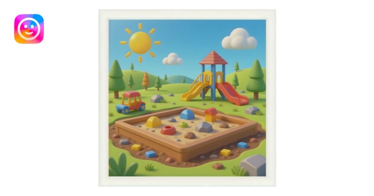 A 3D Pixar-style children's sandbox filled with rich brown earth, toy ...
