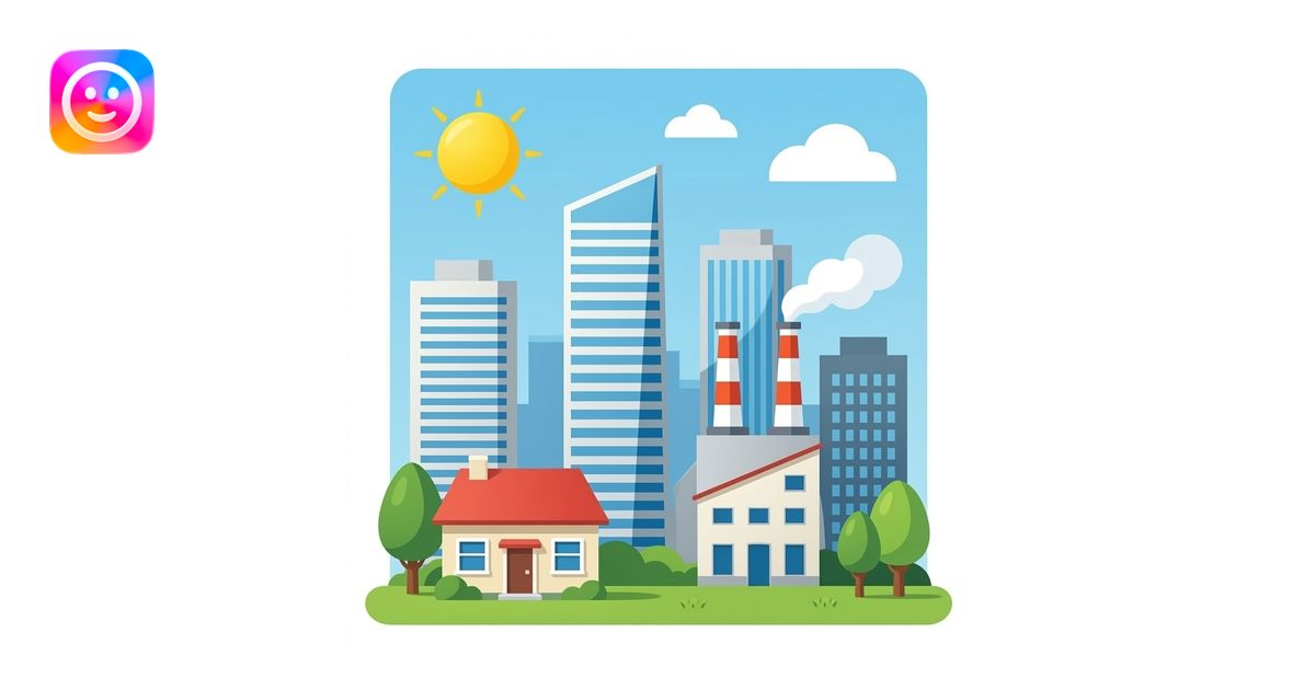 a house and tall office buildings and a factory, with no background ...