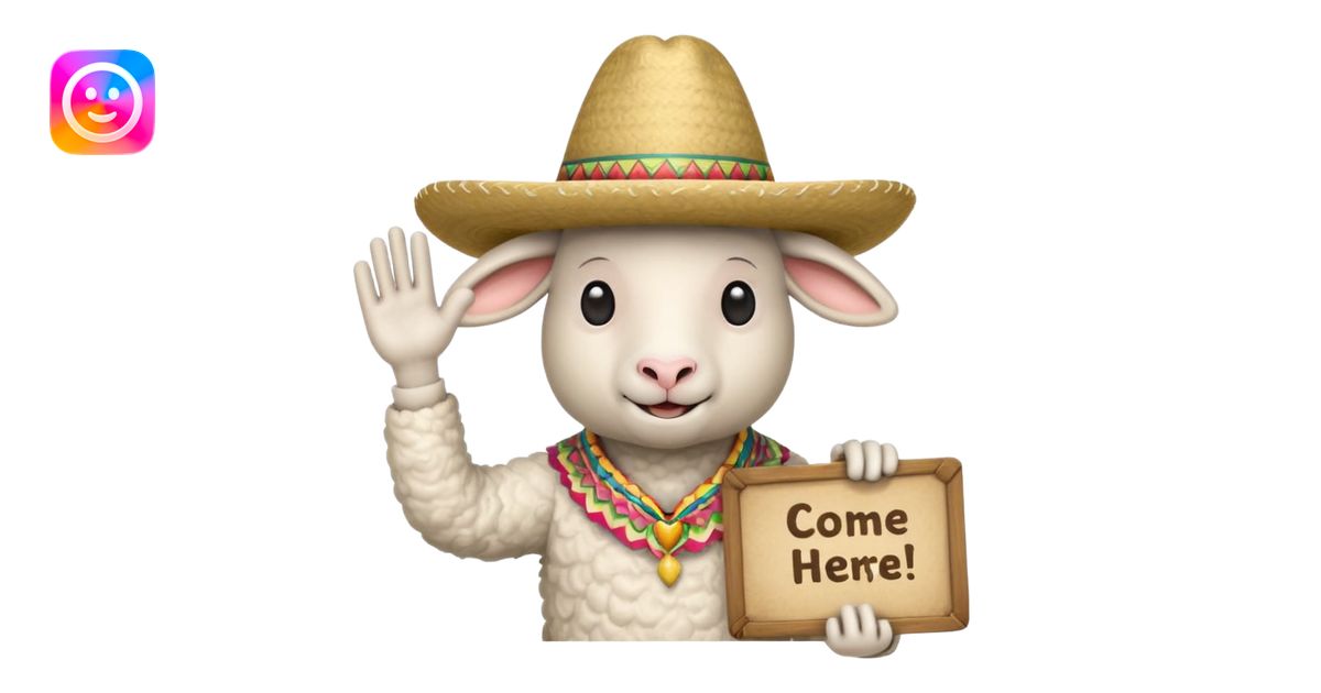 Sheep man with a sombrero waving and holding a sign that says come here