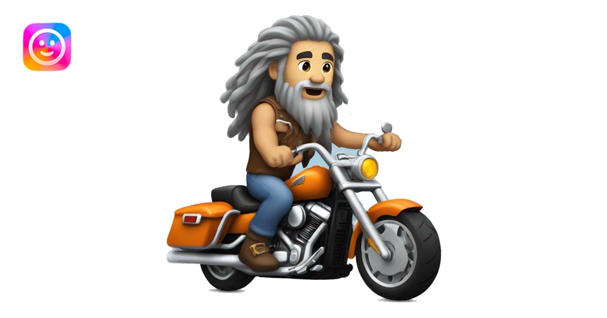Caveman with long gray hair and a goatee riding a Harley Davidson ...