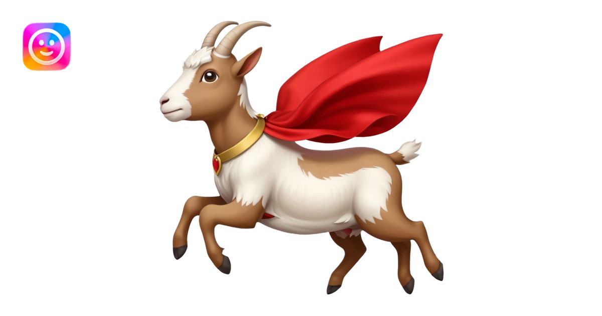 side view of white female goat wearing a read cape like superman emoji ...