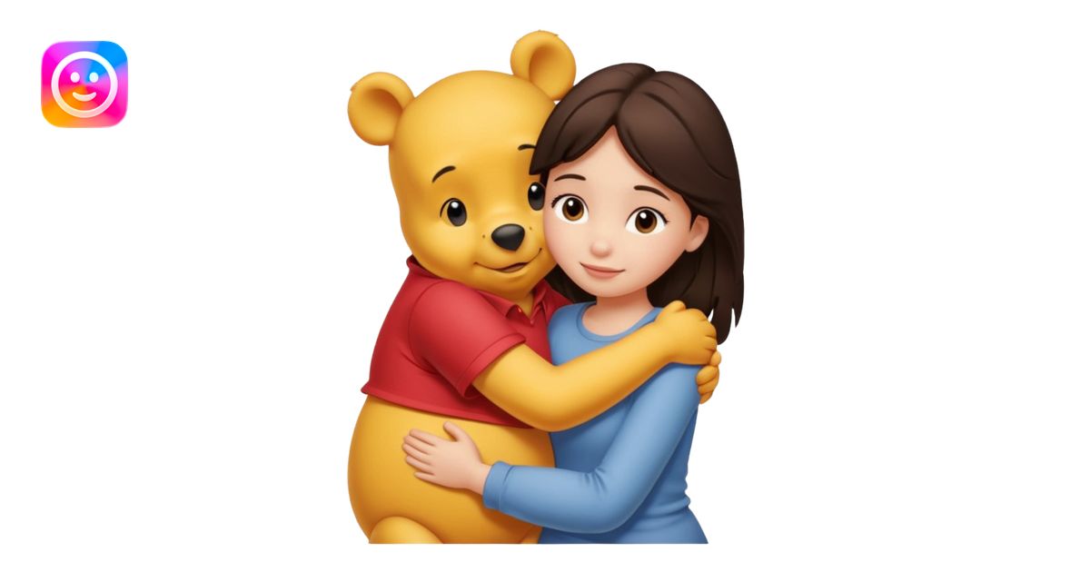 Winnie the Pooh hugging pretty brunette girl same size emoji | AI Emoji ...