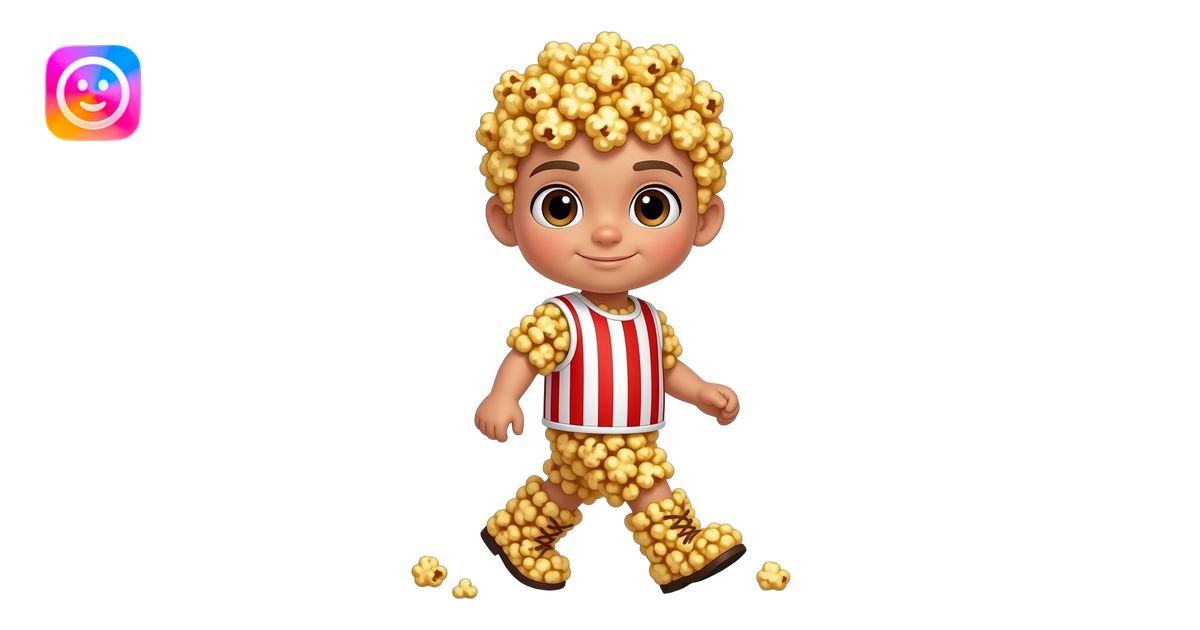 A full-body boy chibi made entirely of crispy, golden caramel popcorn ...