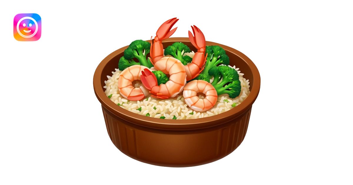 Chinese dish shrimp with broccoli and rice in Chinese container emoji ...