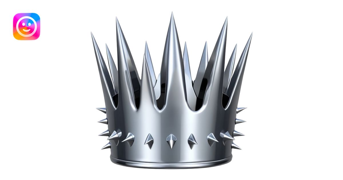 A spiked crown emoji made of silver chrome, sharp yet rounded metallic ...