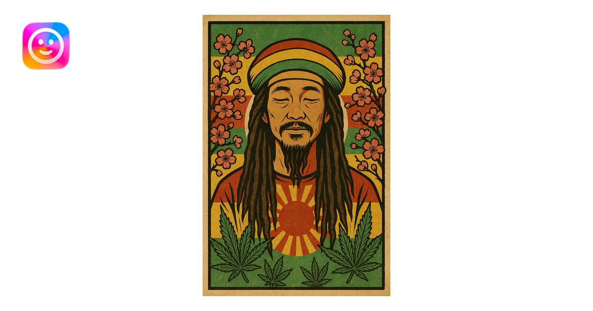 Vintage poster of an Asian Rasta with long dreadlocks, peaceful eyes ...