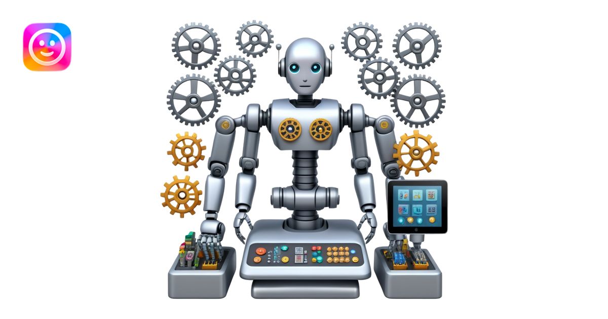 An icon featuring a humanoid robot assembling parts with robotic arms ...