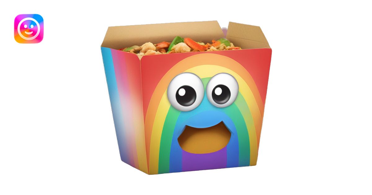 Rainbow Chinese food takeout box with cute eyes emoji | AI Emoji Generator