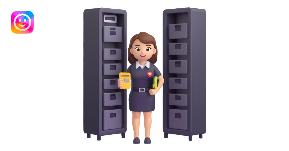 security engineer emoji, female, holding a keycard, standing by a ...
