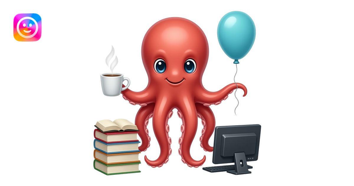 une pieuvre qui est multitache avec la bible, un ordinateur, un ballon ...